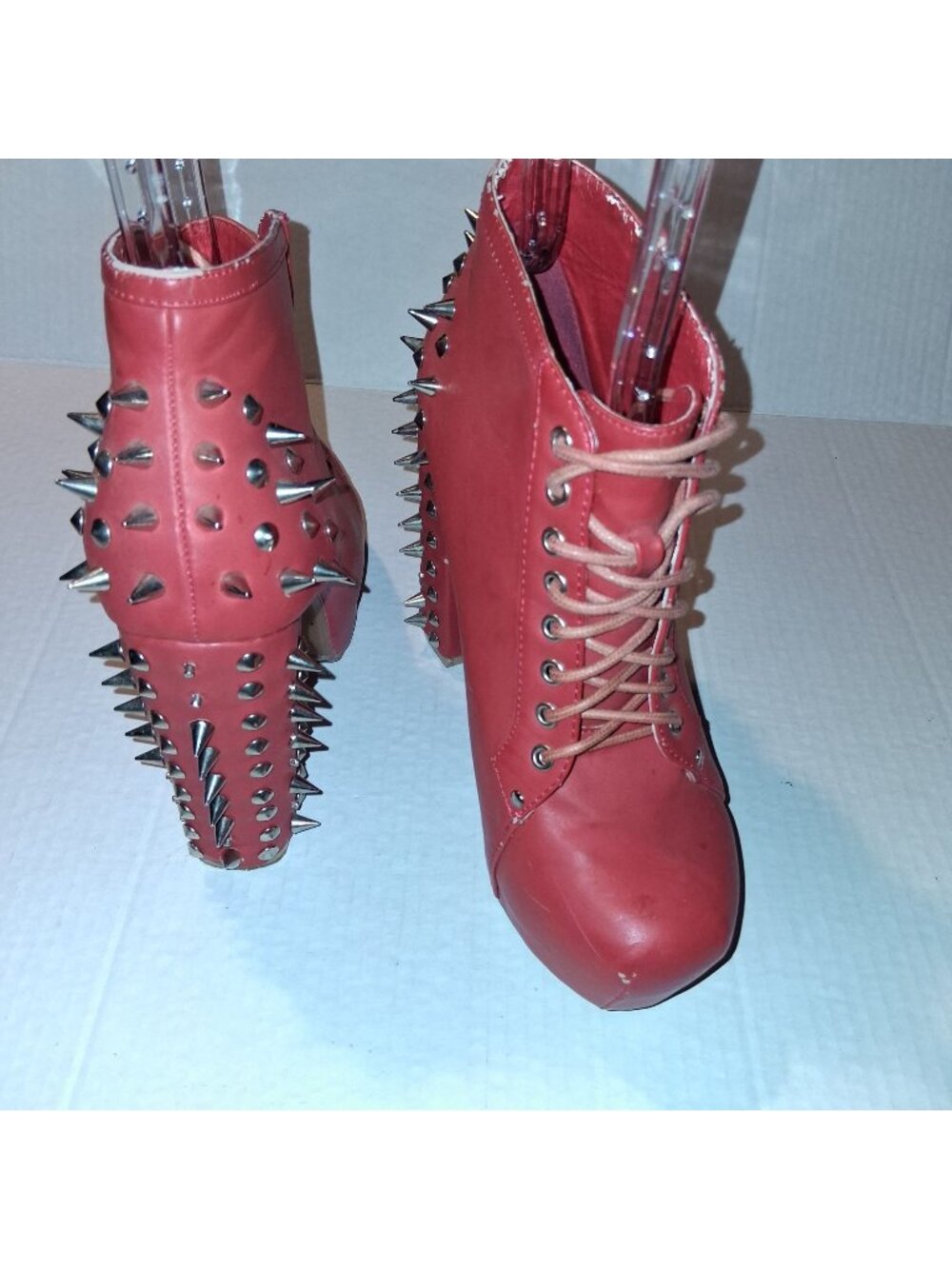Red Platform High Heeled Ankle Boots W/Silver Spikes & Lace-Up Design Size 8.5